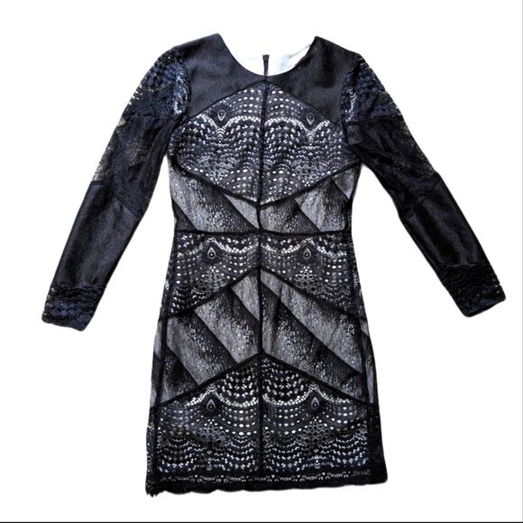 Sandro Lace Overlay Long Sleeve Classy Scalloped Hem Mini Dress - Picture 1 of 7